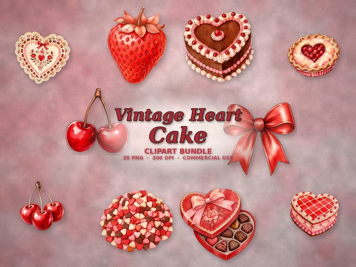 Vintage Heart Cake clipart bundle